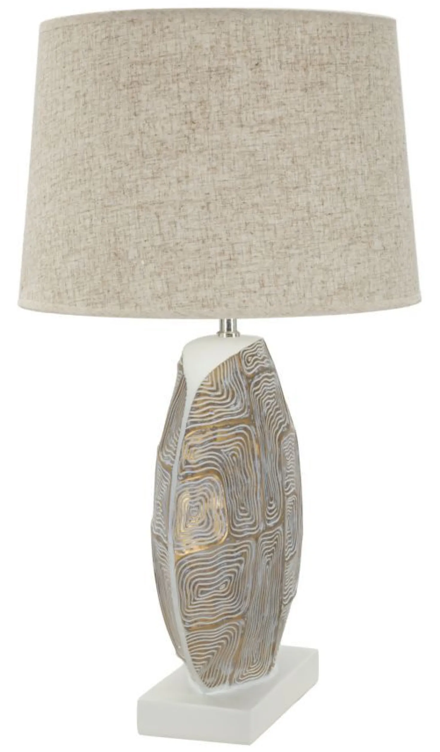 Lampe de table en résine décor géométrique abat-jour tissu beige