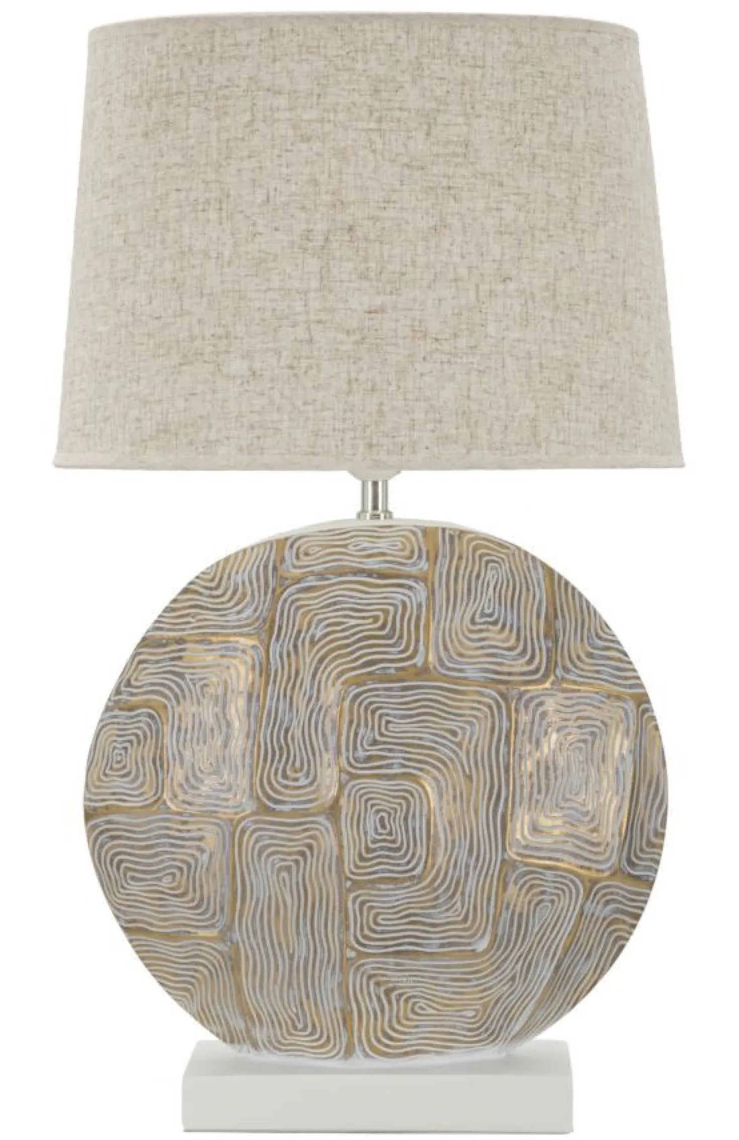 Lampe de table en résine décor géométrique abat-jour tissu beige