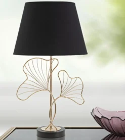 Lampe de table Feuilles Métal Doré et abat-jour Tissu Noir
