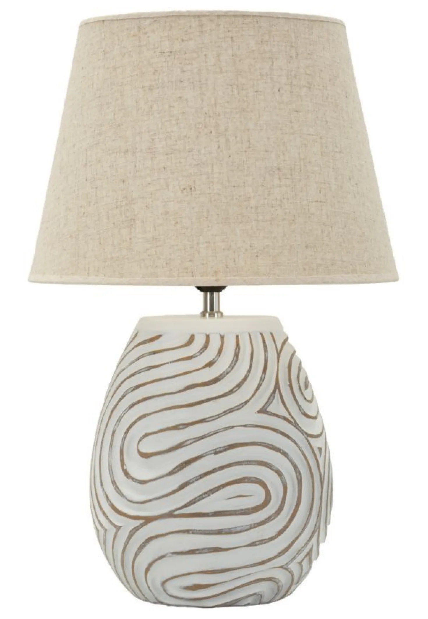 Lampe de table Oblix résine gravée blanche abat-jour tissu gris clair