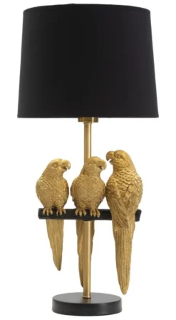 Lampe de table Perroquets métal doré abat-jour tissu noir