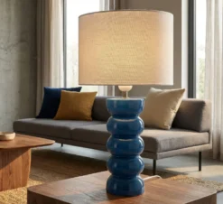 Lampe de table Torr Céramique bleue abat-jour blanc