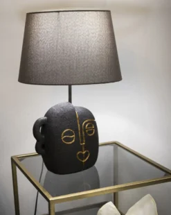 Lampe de table Tribal Résine noire abat-jour Tissu gris