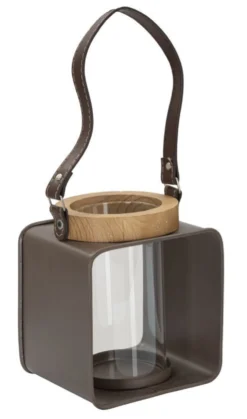 Lanterne en métal et bois design 19ème siècle verre transparent poignée en cuir