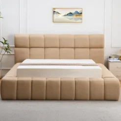 Lit-coffre avec rebords matelassés Challow 180x200cm Tissu Beige