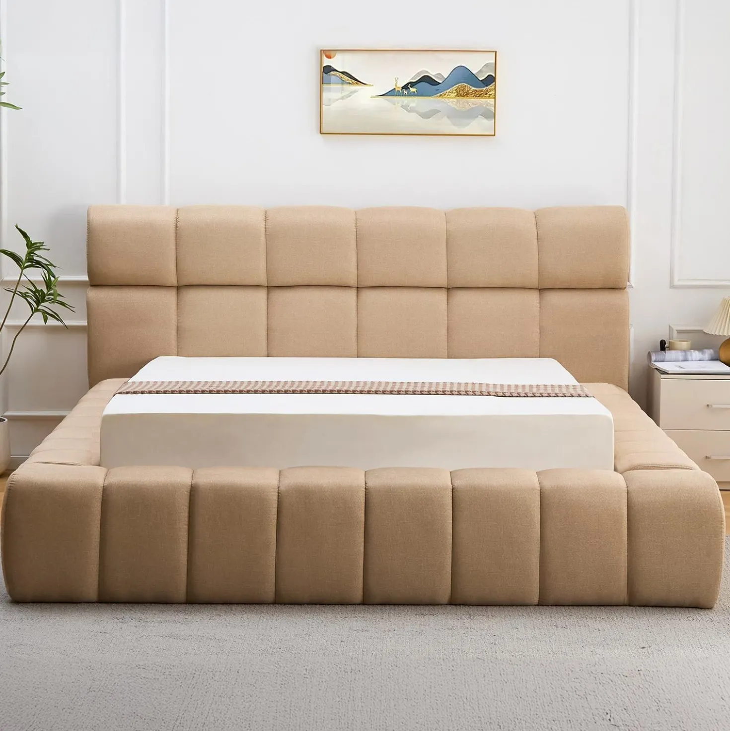 Lit-coffre avec rebords matelassés Challow 140x190cm Tissu Beige