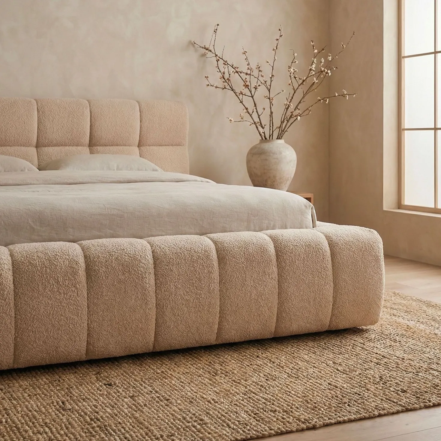 Lit-coffre avec rebords matelassés Challow 140x190cm Tissu Bouclette Beige
