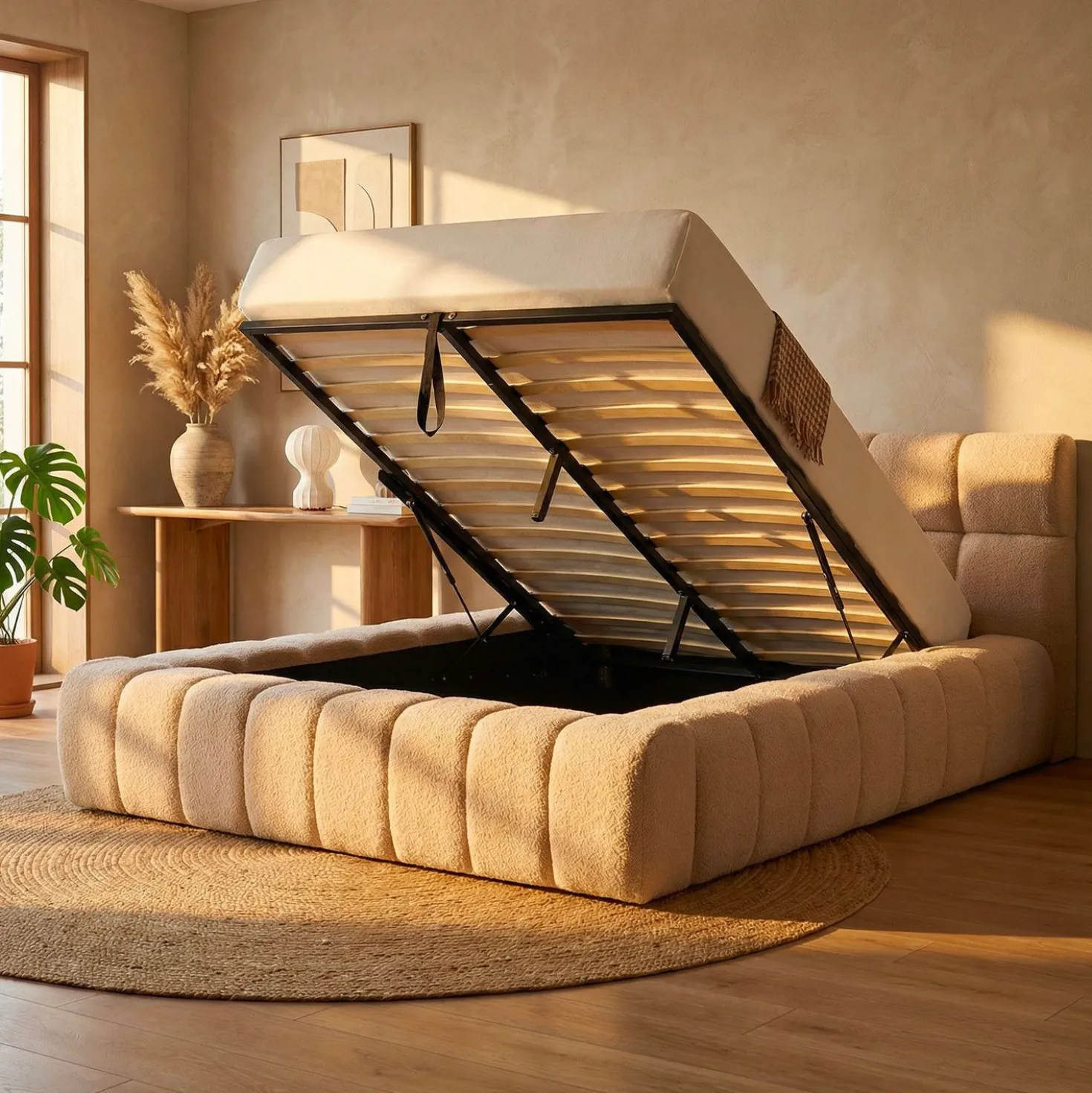 Lit-coffre avec rebords matelassés Challow 140x190cm Tissu Bouclette Beige