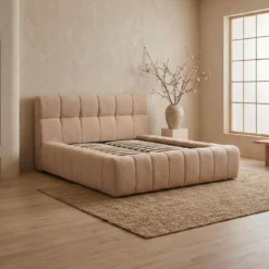 Lit-coffre avec rebords matelassés Challow 140x190cm Tissu Bouclette Beige