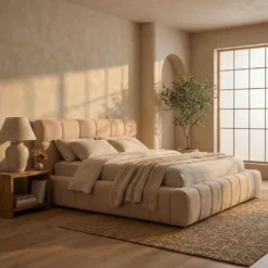Lit-coffre avec rebords matelassés Challow 140x190cm Tissu Bouclette Beige