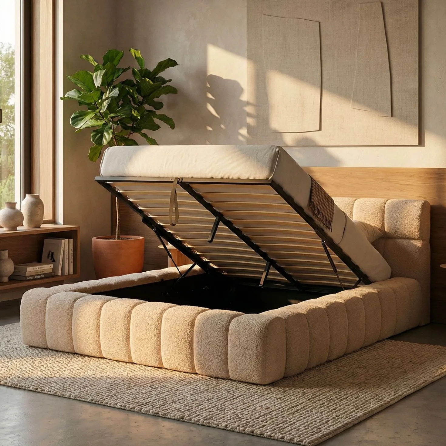 Lit-coffre avec rebords matelassés Challow 180x200cm Tissu Bouclette Beige