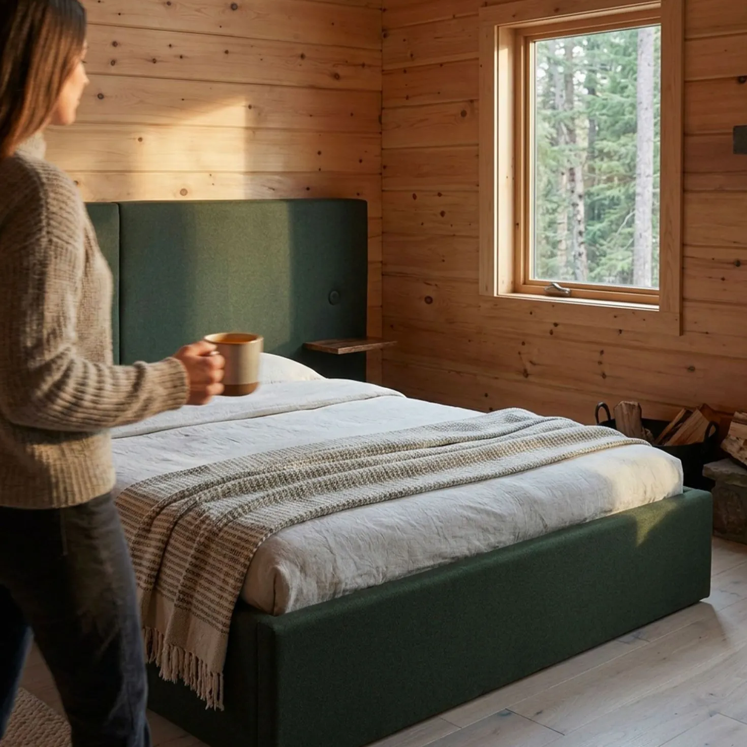 Lit-coffre complet avec tablettes et ports USB intégrés Lukas 180x200cm Tissu Vert