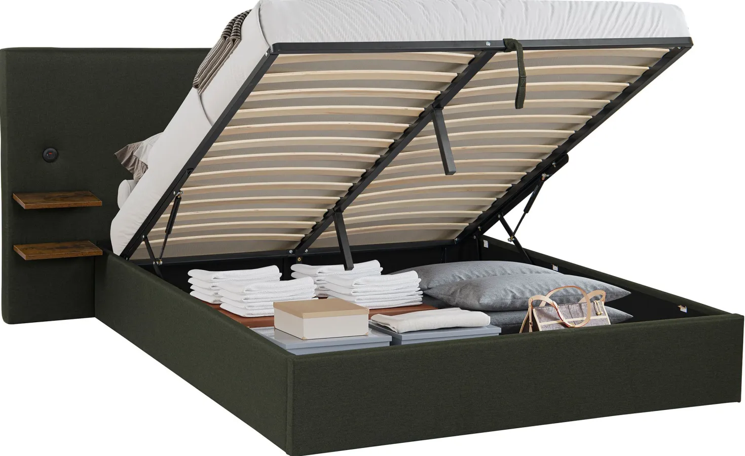 Lit-coffre complet avec tablettes et ports USB intégrés Lukas 180x200cm Tissu Vert