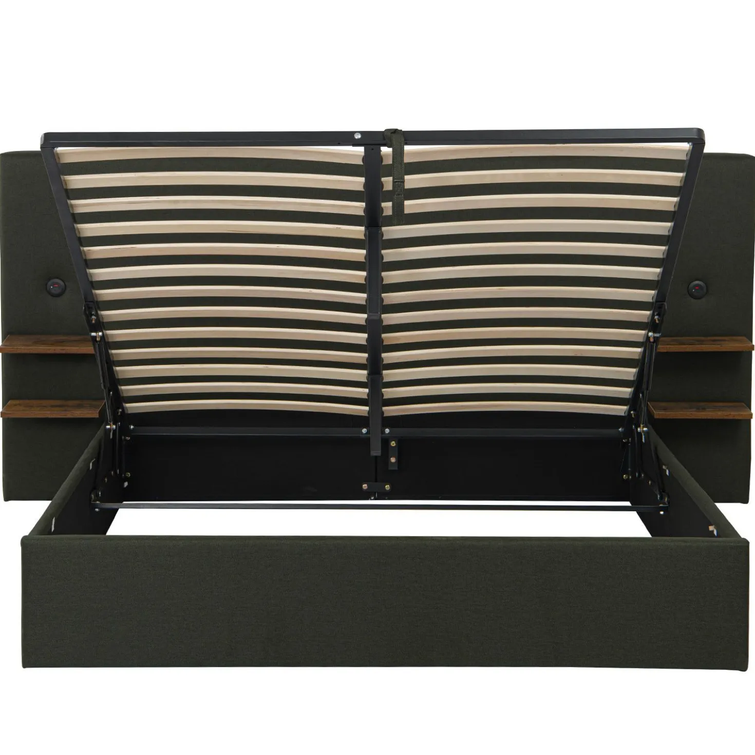 Lit-coffre complet avec tablettes et ports USB intégrés Lukas 180x200cm Tissu Vert