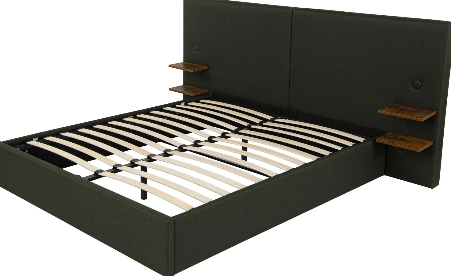 Lit-coffre complet avec tablettes et ports USB intégrés Lukas 180x200cm Tissu Vert