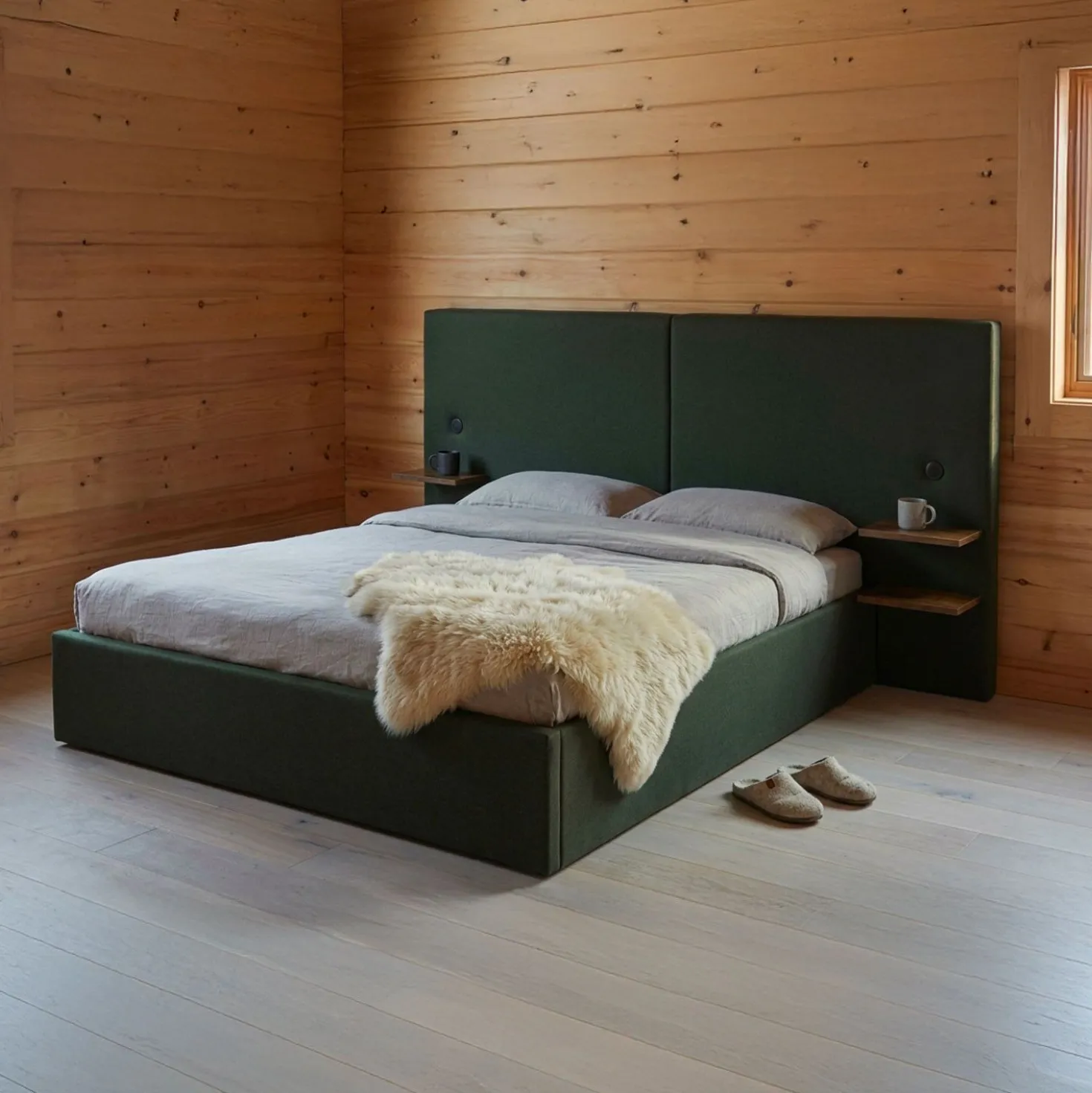 Lit-coffre complet avec tablettes et ports USB intégrés Lukas 180x200cm Tissu Vert