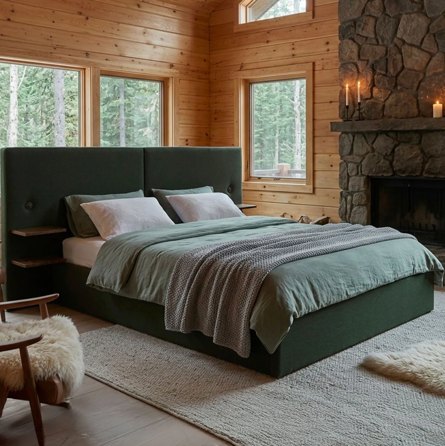 Lit-coffre complet avec tablettes et ports USB intégrés Lukas 180x200cm Tissu Vert