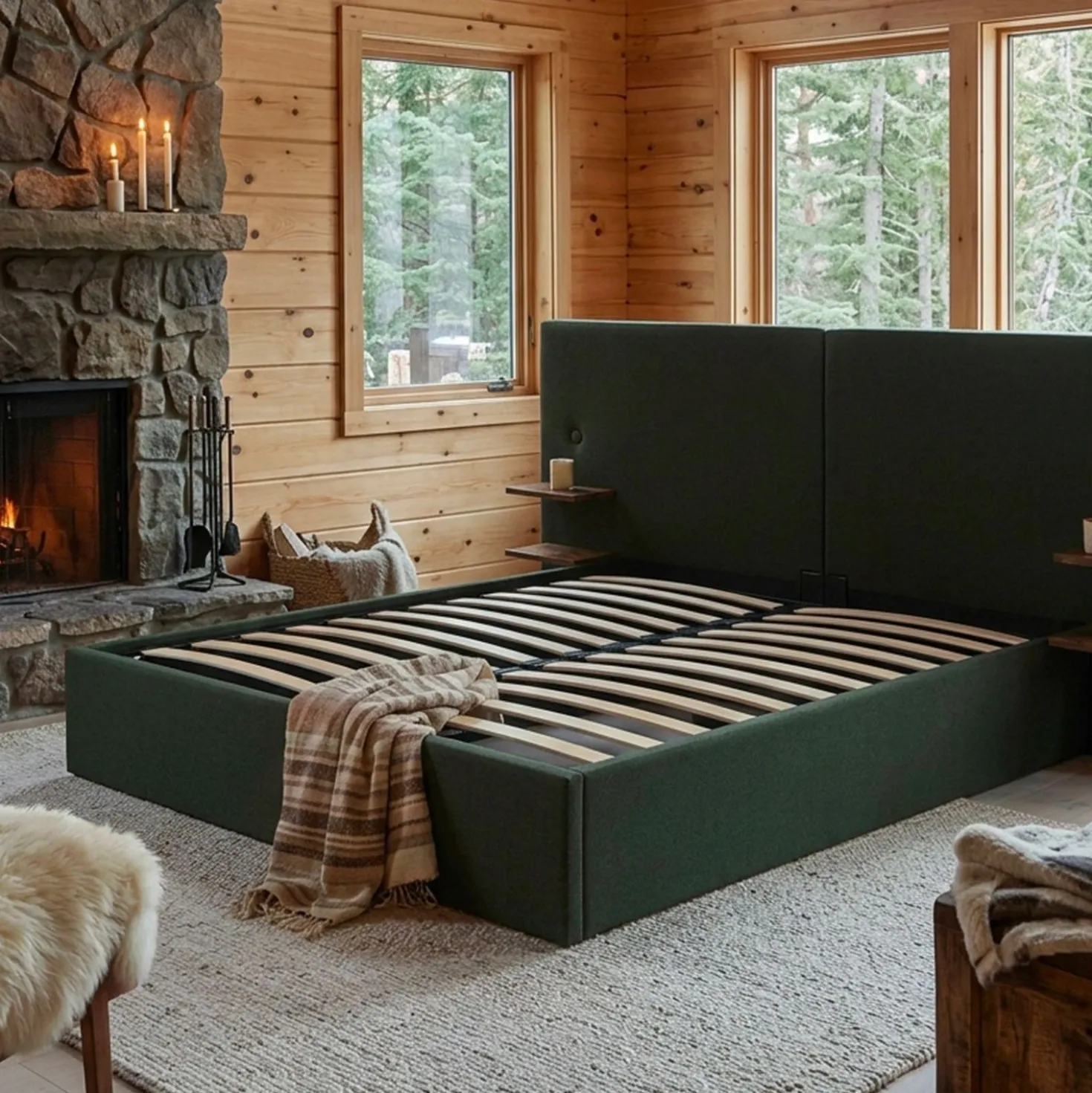 Lit-coffre complet avec tablettes et ports USB intégrés Lukas 180x200cm Tissu Vert