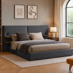 Lit-coffre complet avec tablettes et ports USB intégrés Lukas 140x190cm Tissu Gris