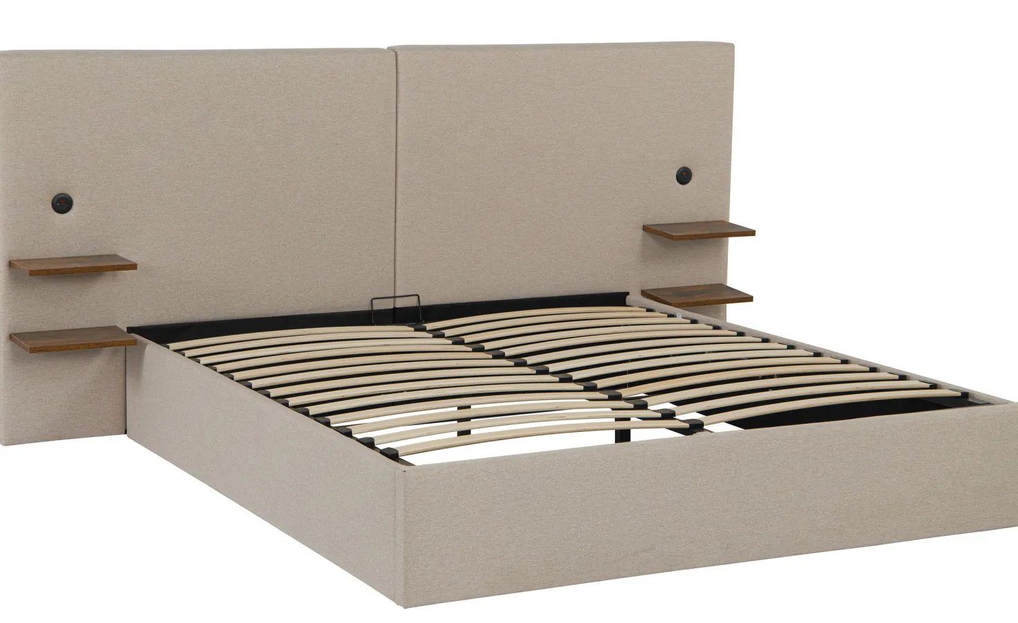 Lit-coffre complet avec tablettes et ports USB intégrés Lukas 160x200cm Tissu Taupe clair