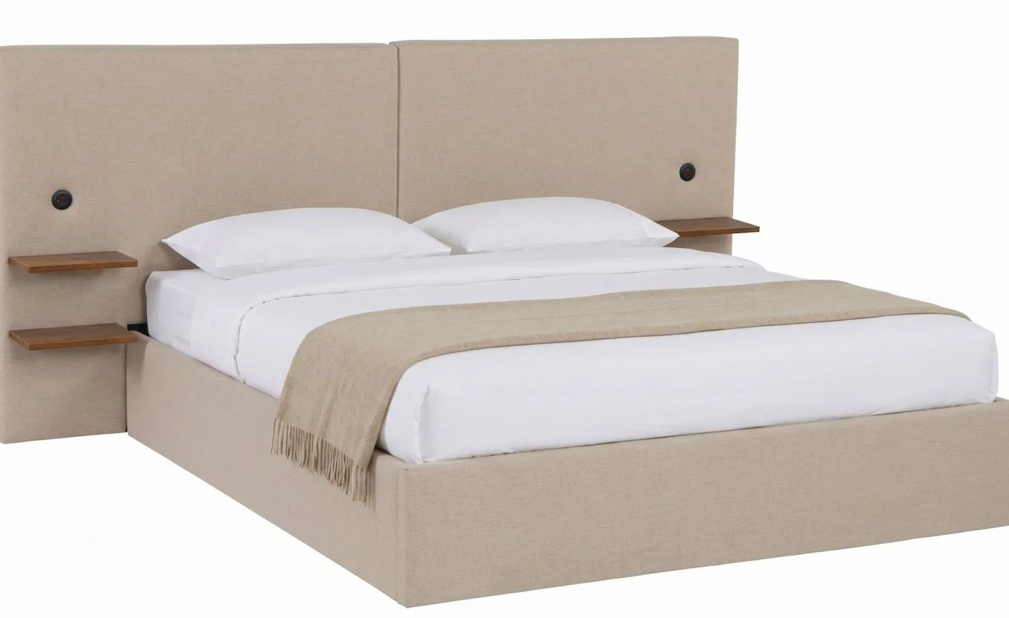 Lit-coffre complet avec tablettes et ports USB intégrés Lukas 160x200cm Tissu Taupe clair