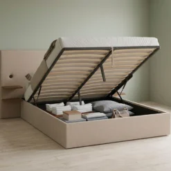 Lit-coffre complet avec tablettes et ports USB intégrés Lukas 160x200cm Tissu Taupe clair