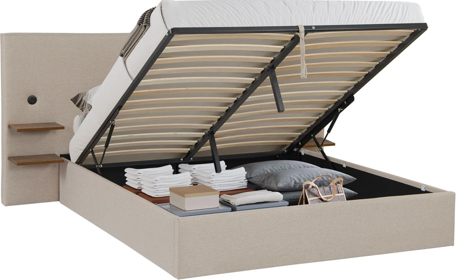 Lit-coffre complet avec tablettes et ports USB intégrés Lukas 160x200cm Tissu Taupe clair