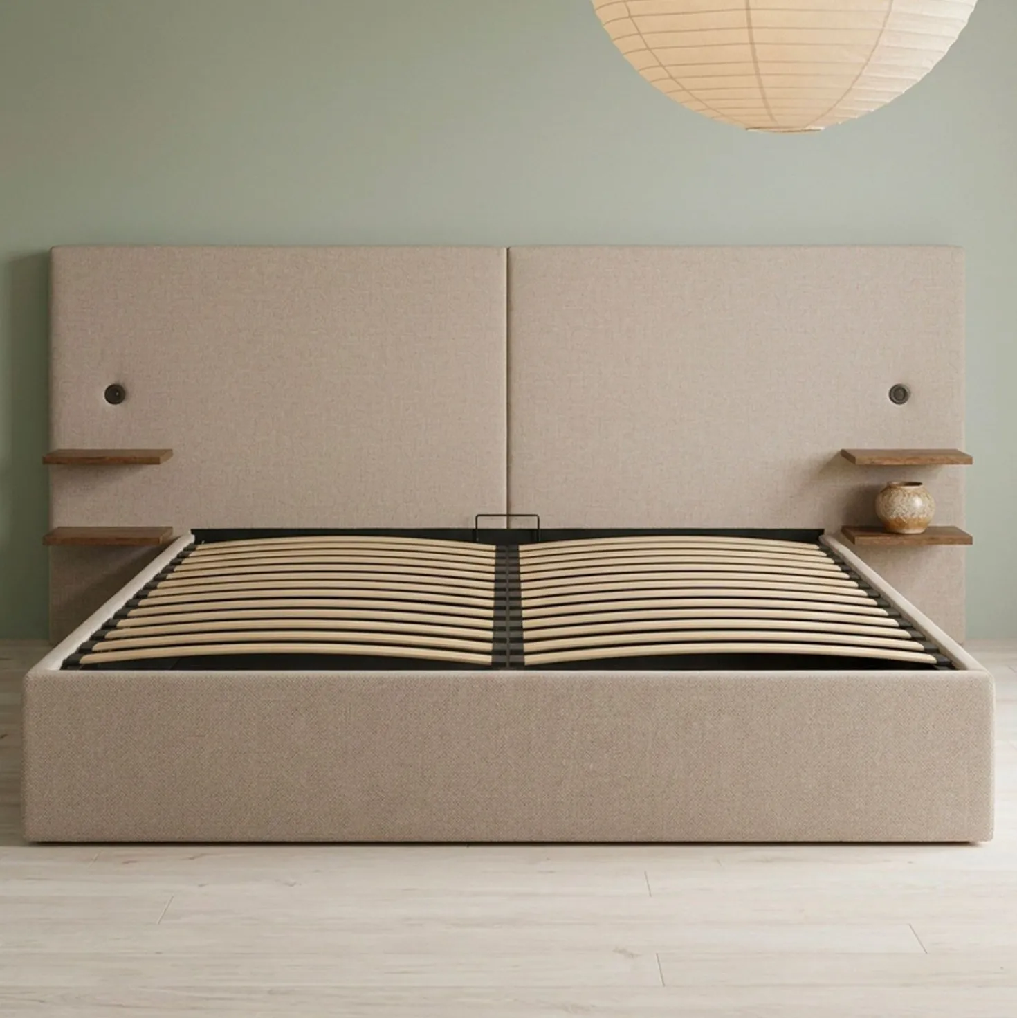 Lit-coffre complet avec tablettes et ports USB intégrés Lukas 160x200cm Tissu Taupe clair