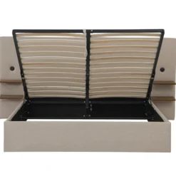 Lit-coffre complet avec tablettes et ports USB intégrés Lukas 160x200cm Tissu Taupe clair