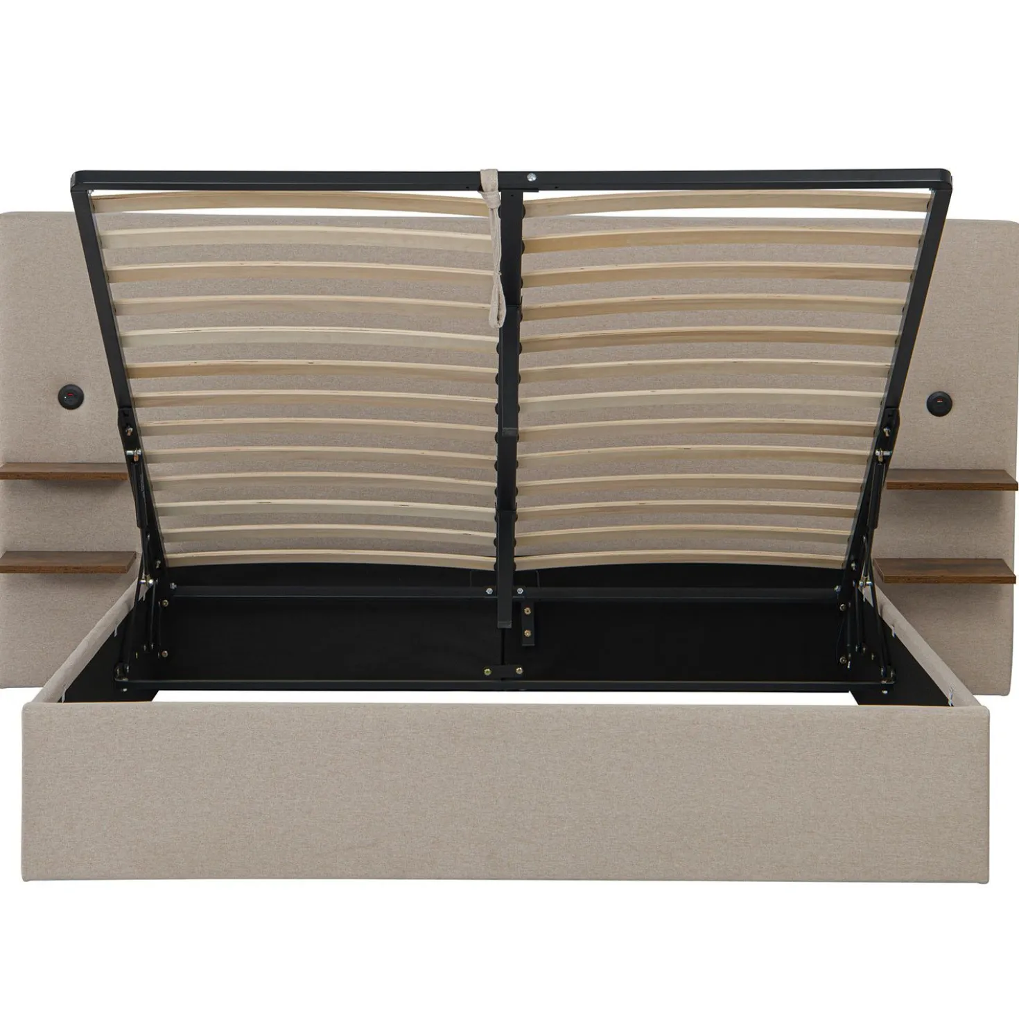 Lit-coffre complet avec tablettes et ports USB intégrés Lukas 160x200cm Tissu Taupe clair