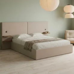 Lit-coffre complet avec tablettes et ports USB intégrés Lukas 160x200cm Tissu Taupe clair
