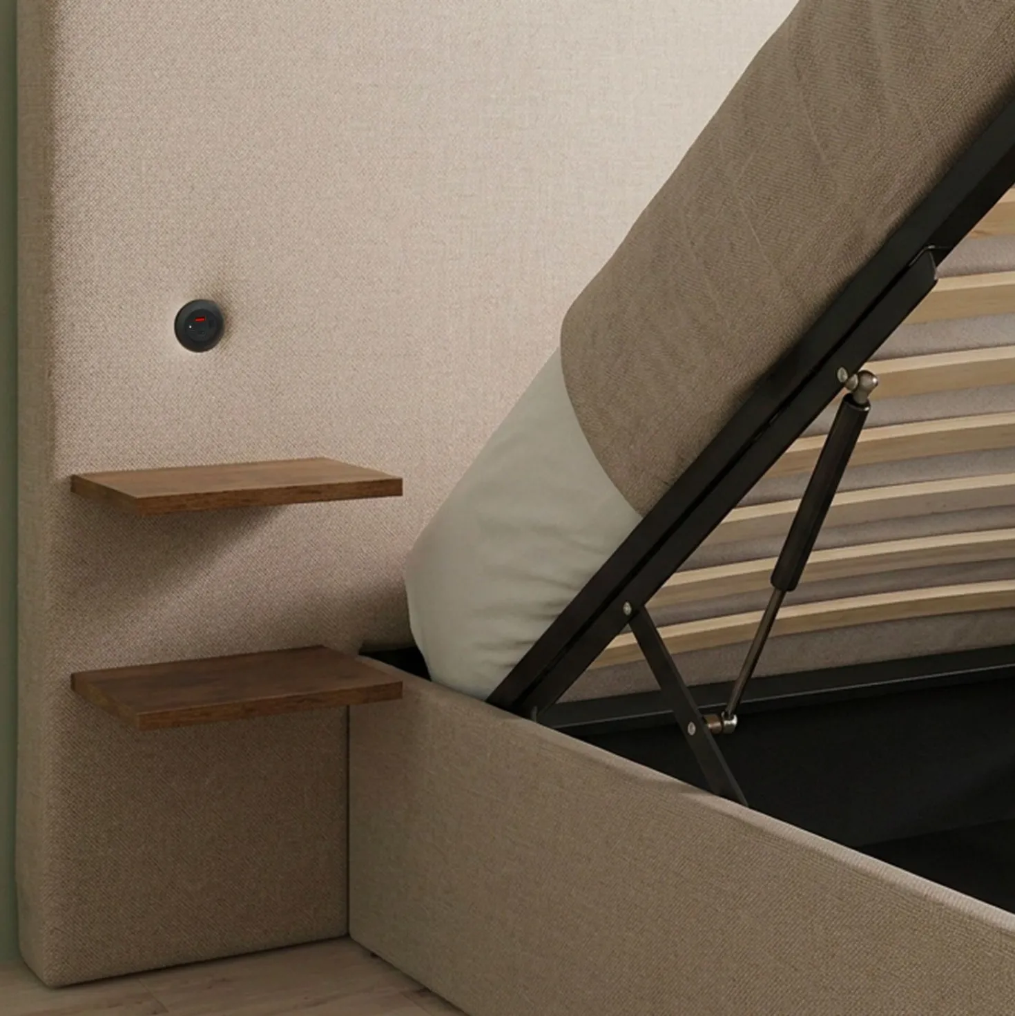 Lit-coffre complet avec tablettes et ports USB intégrés Lukas 160x200cm Tissu Taupe clair