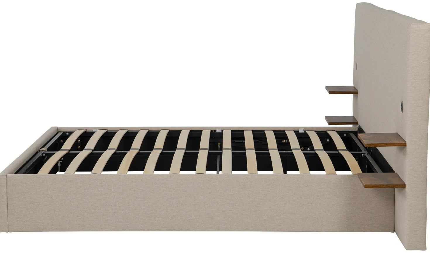 Lit-coffre complet avec tablettes et ports USB intégrés Lukas 160x200cm Tissu Taupe clair