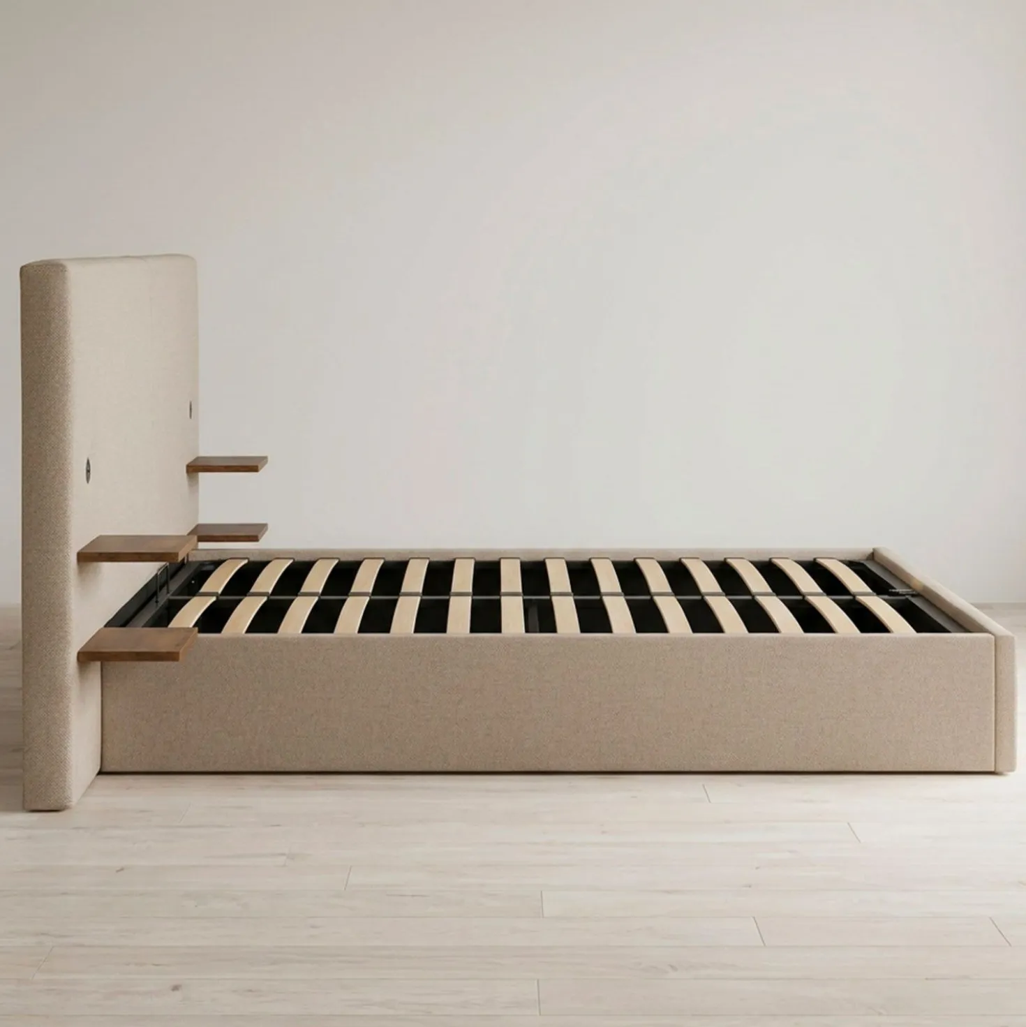 Lit-coffre complet avec tablettes et ports USB intégrés Lukas 160x200cm Tissu Taupe clair