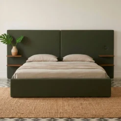 Lit-coffre complet avec tablettes et ports USB intégrés Lukas 160x200cm Tissu Vert