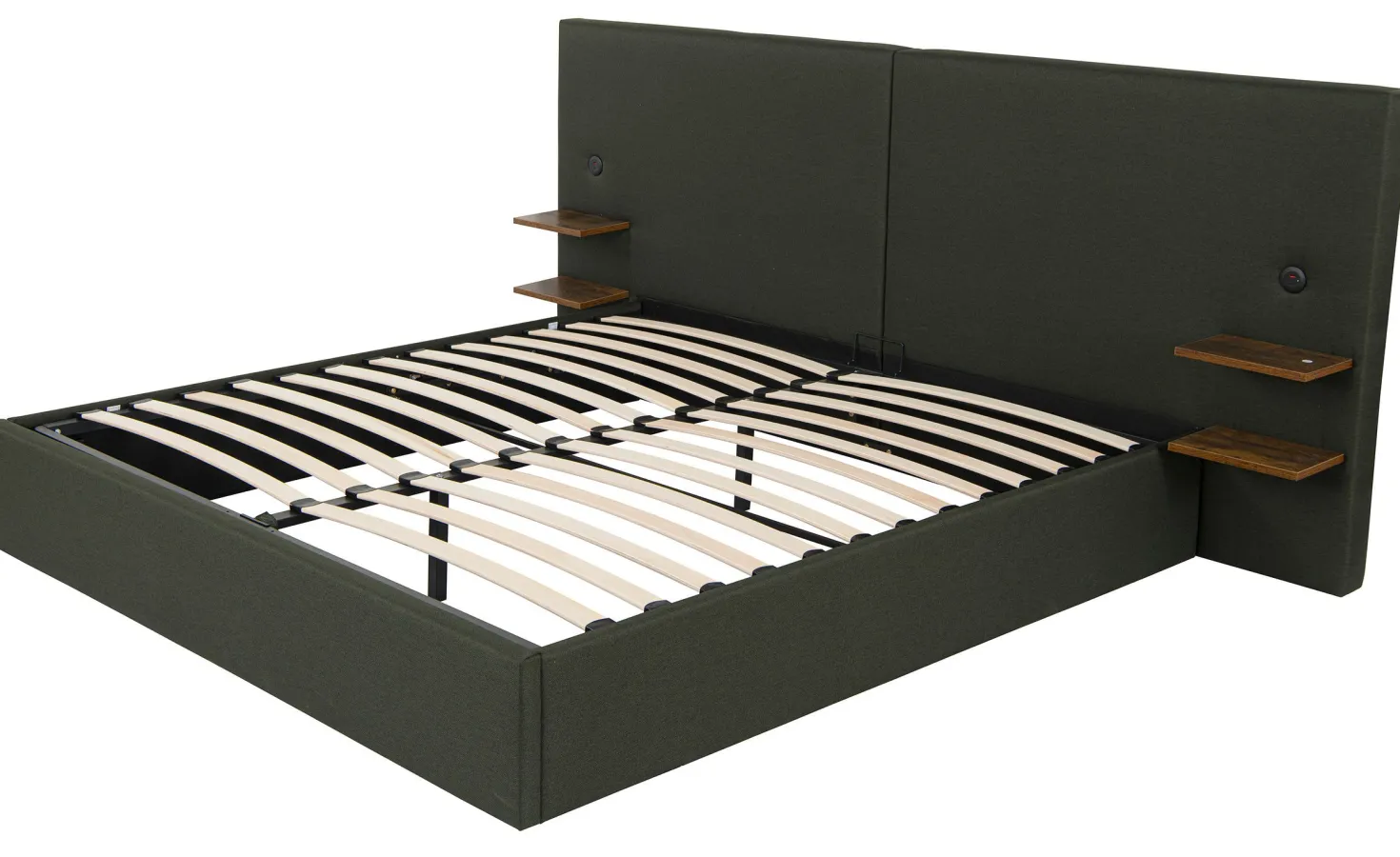 Lit-coffre complet avec tablettes et ports USB intégrés Lukas 160x200cm Tissu Vert