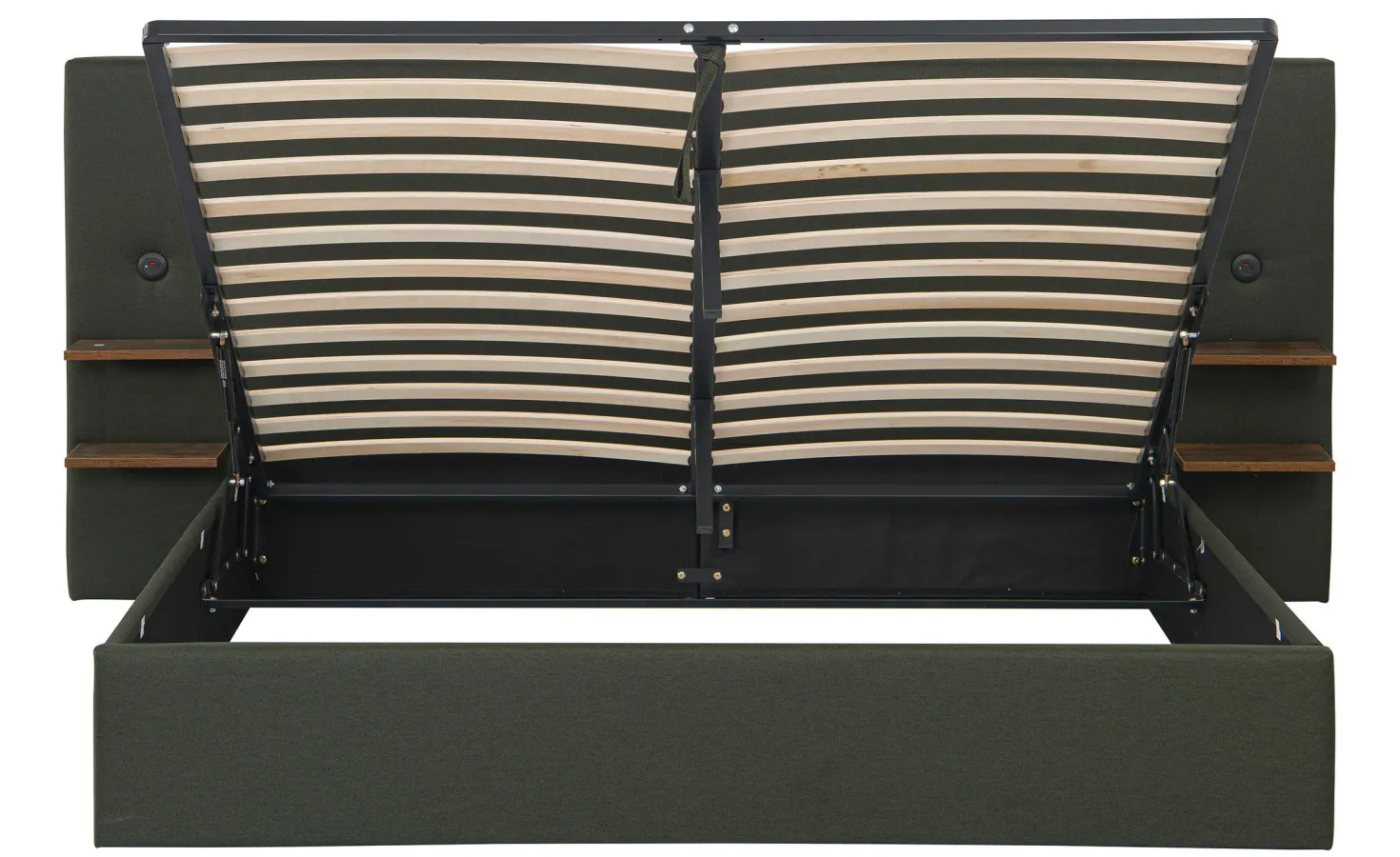 Lit-coffre complet avec tablettes et ports USB intégrés Lukas 160x200cm Tissu Vert