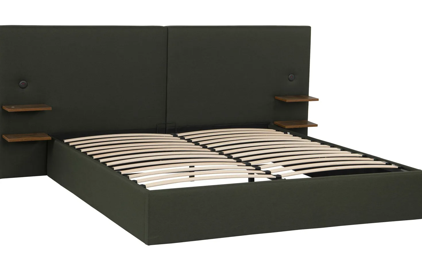 Lit-coffre complet avec tablettes et ports USB intégrés Lukas 160x200cm Tissu Vert