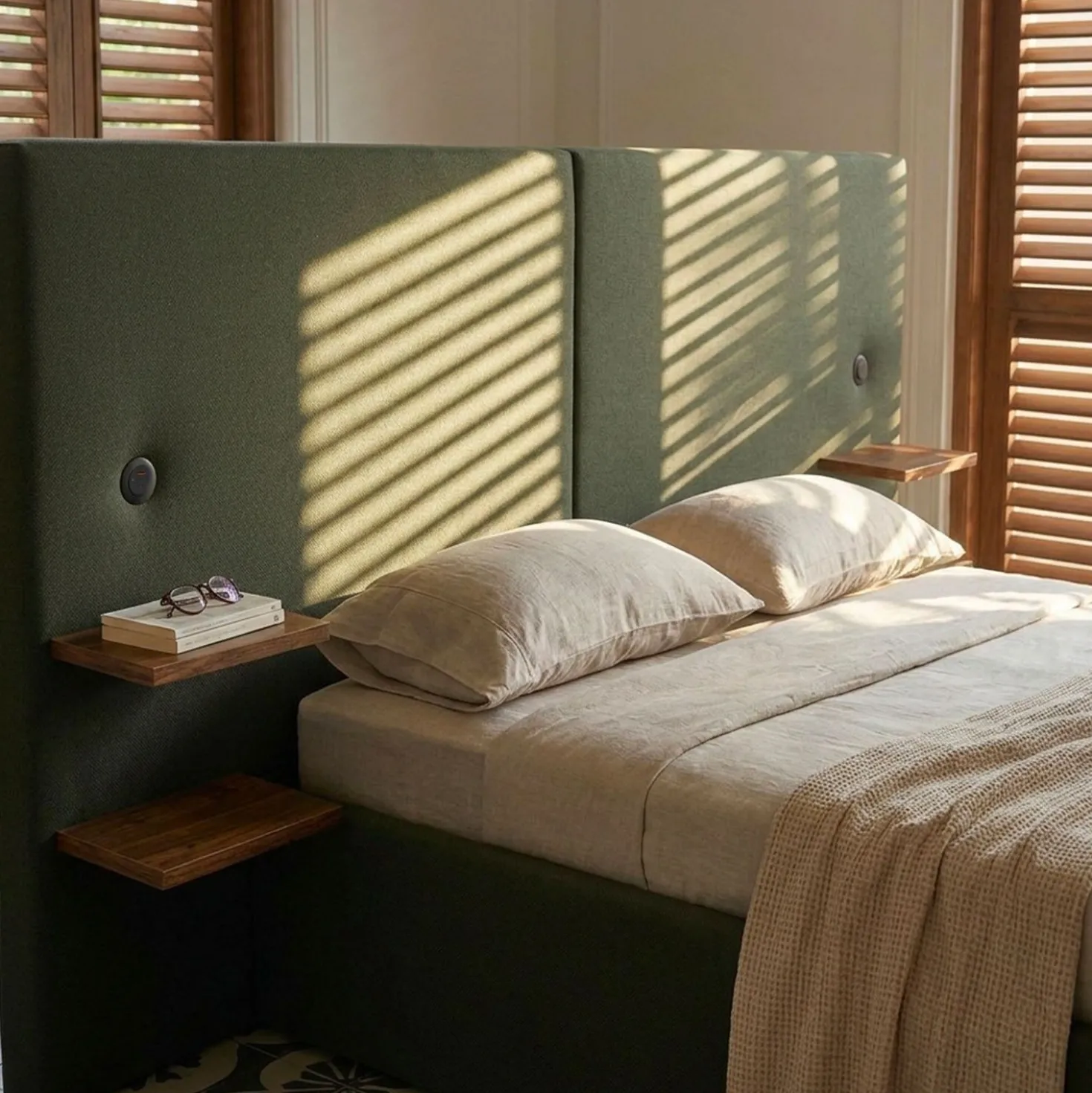 Lit-coffre complet avec tablettes et ports USB intégrés Lukas 160x200cm Tissu Vert