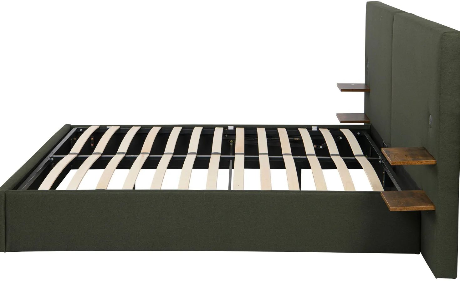 Lit-coffre complet avec tablettes et ports USB intégrés Lukas 160x200cm Tissu Vert
