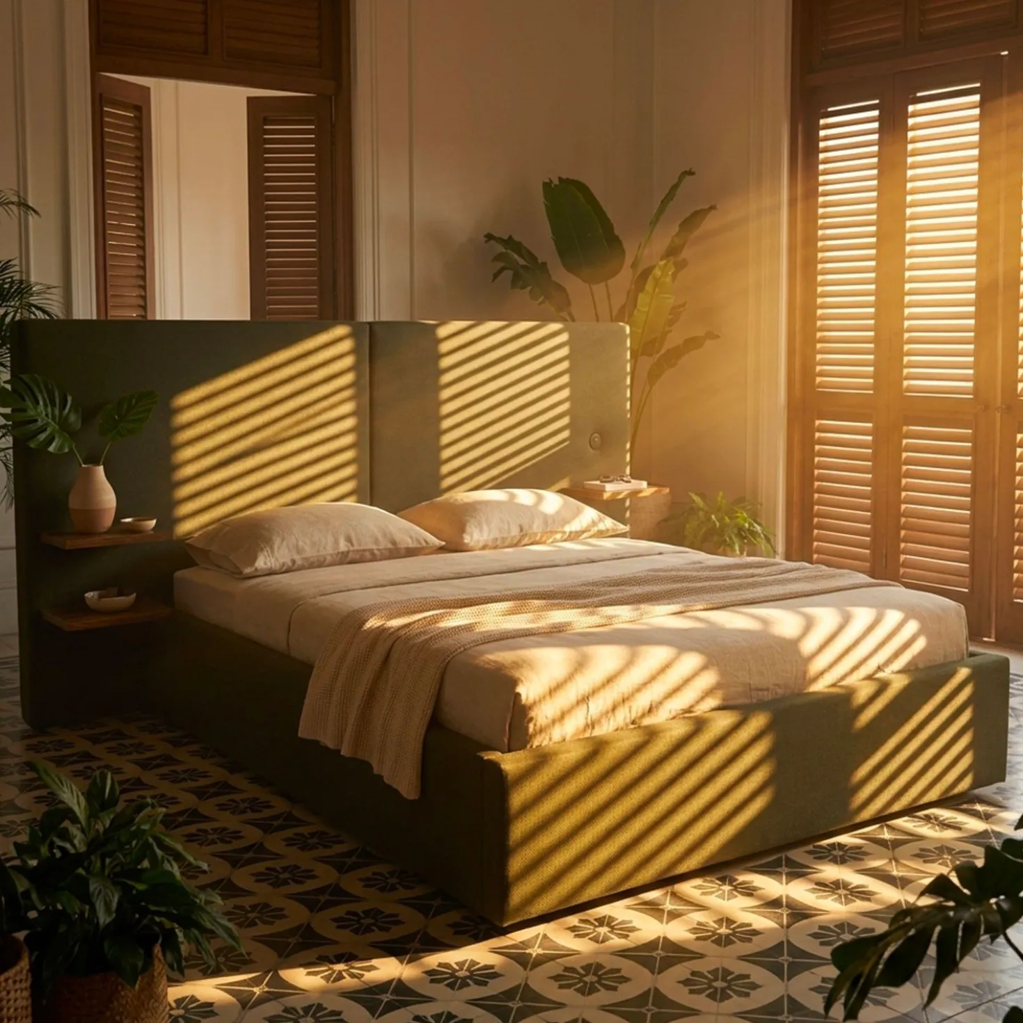 Lit-coffre complet avec tablettes et ports USB intégrés Lukas 160x200cm Tissu Vert
