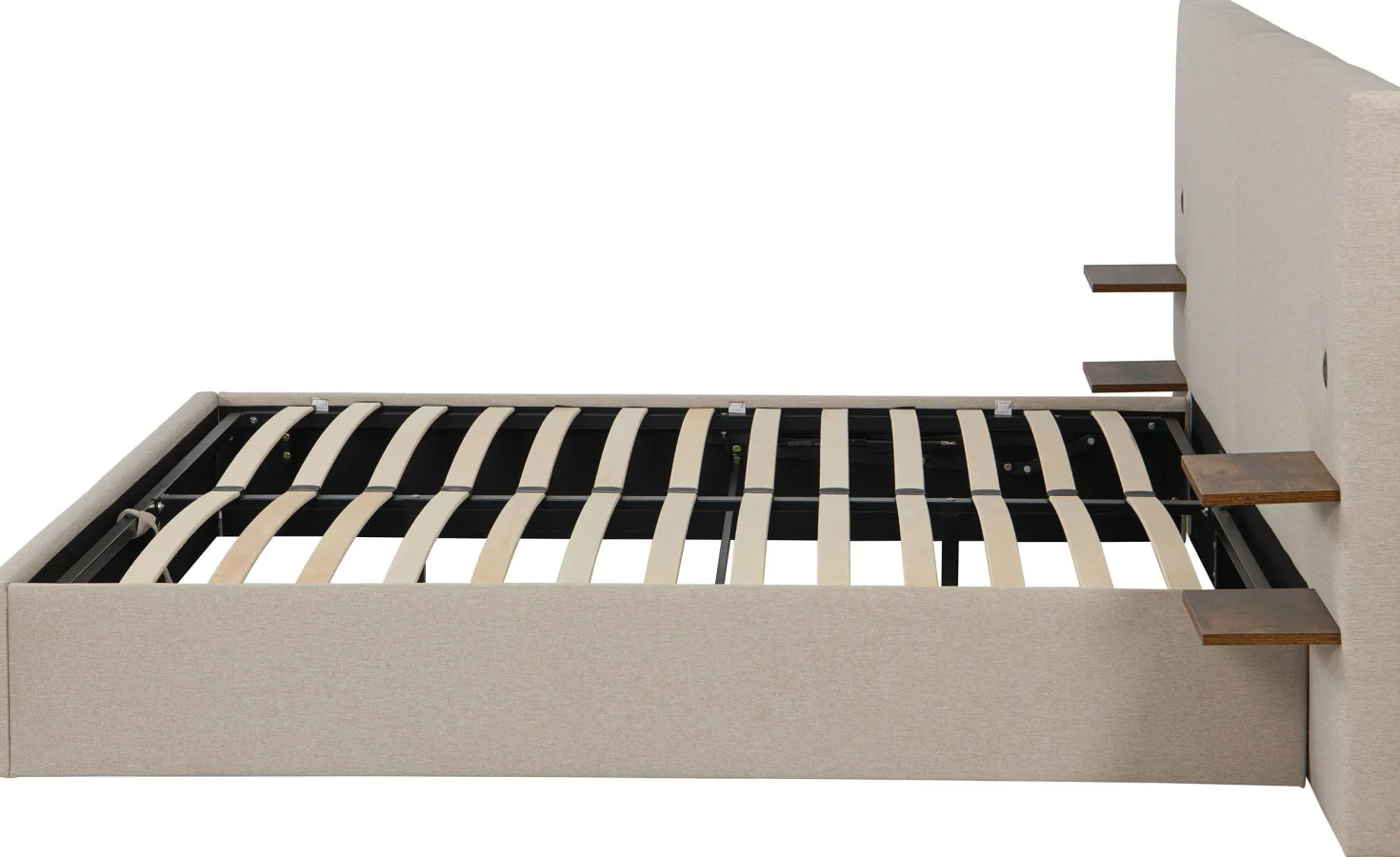 Lit-coffre complet avec tablettes et ports USB intégrés Lukas 180x200cm Tissu Taupe clair