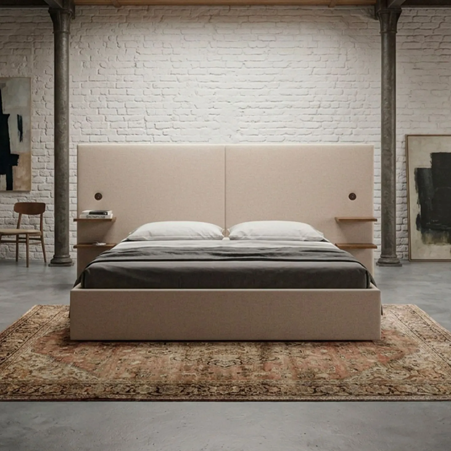 Lit-coffre complet avec tablettes et ports USB intégrés Lukas 180x200cm Tissu Taupe clair