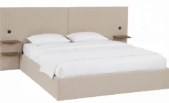 Lit-coffre complet avec tablettes et ports USB intégrés Lukas 180x200cm Tissu Taupe clair