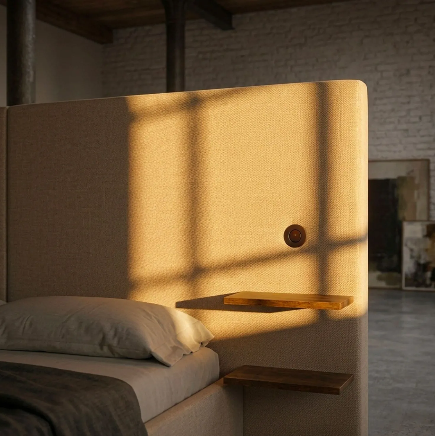 Lit-coffre complet avec tablettes et ports USB intégrés Lukas 180x200cm Tissu Taupe clair