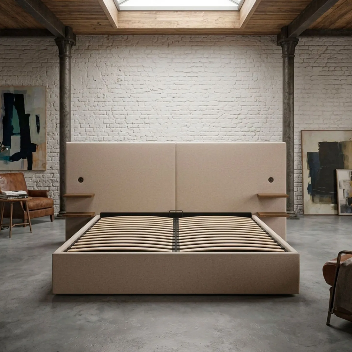 Lit-coffre complet avec tablettes et ports USB intégrés Lukas 180x200cm Tissu Taupe clair