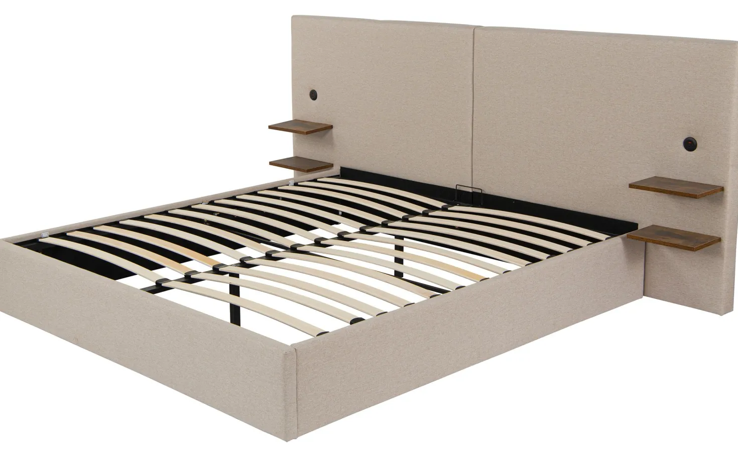 Lit-coffre complet avec tablettes et ports USB intégrés Lukas 180x200cm Tissu Taupe clair