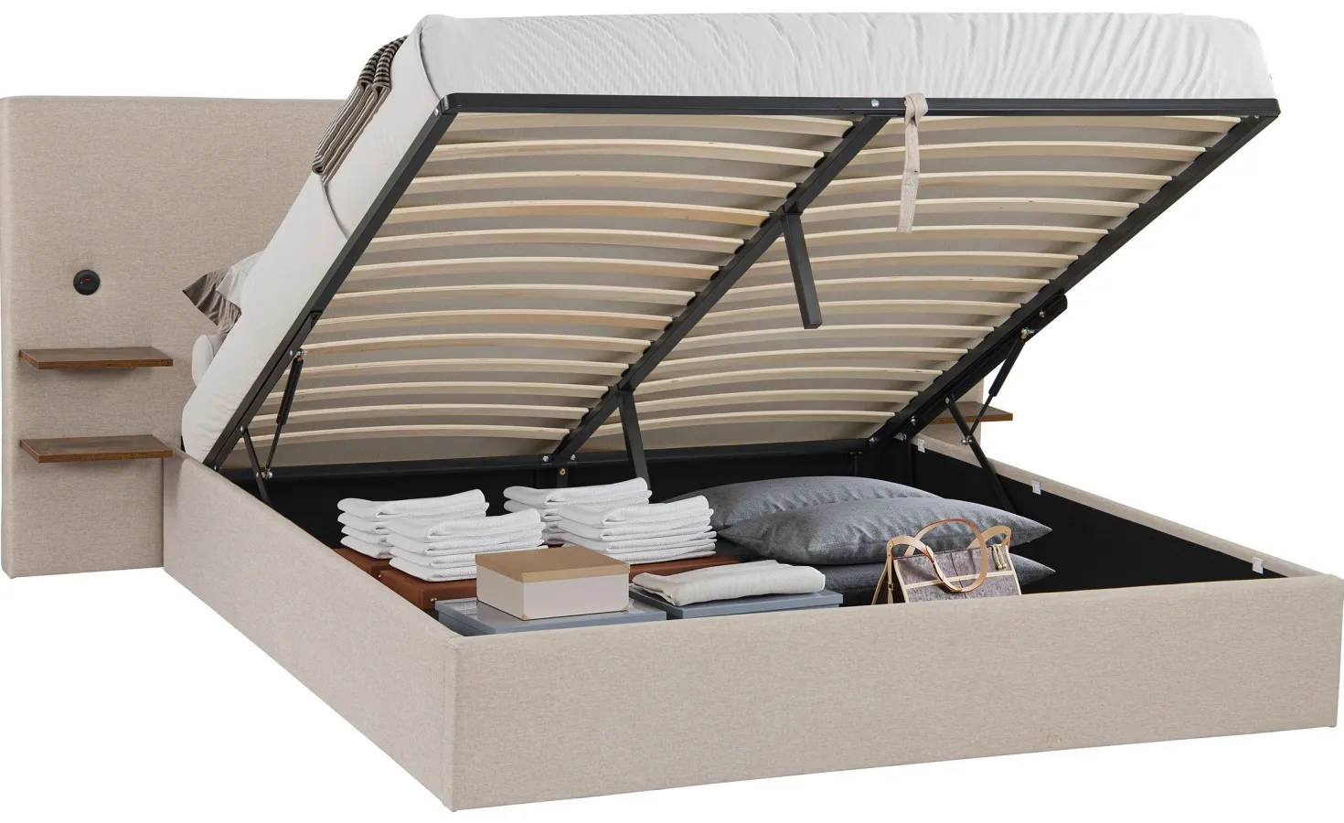 Lit-coffre complet avec tablettes et ports USB intégrés Lukas 180x200cm Tissu Taupe clair