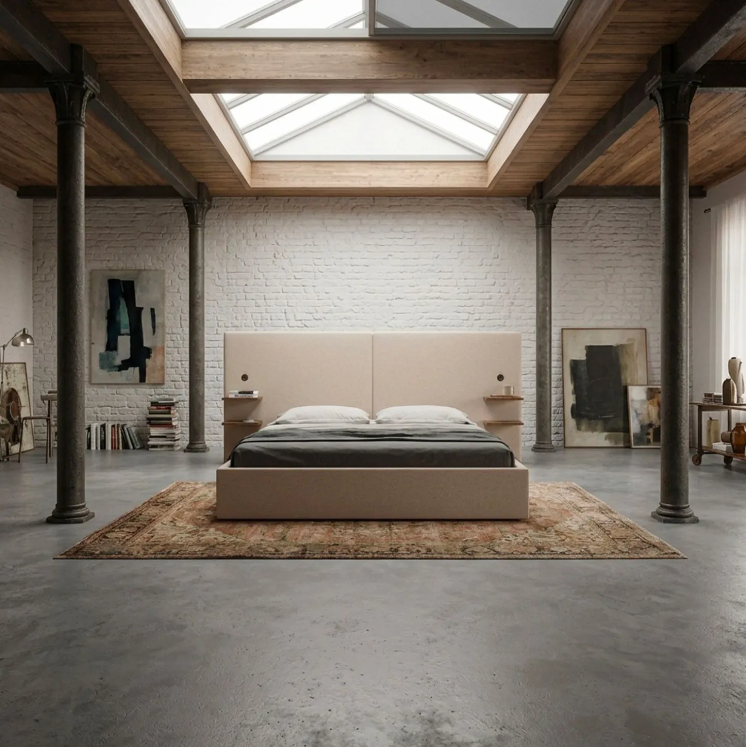 Lit-coffre complet avec tablettes et ports USB intégrés Lukas 180x200cm Tissu Taupe clair