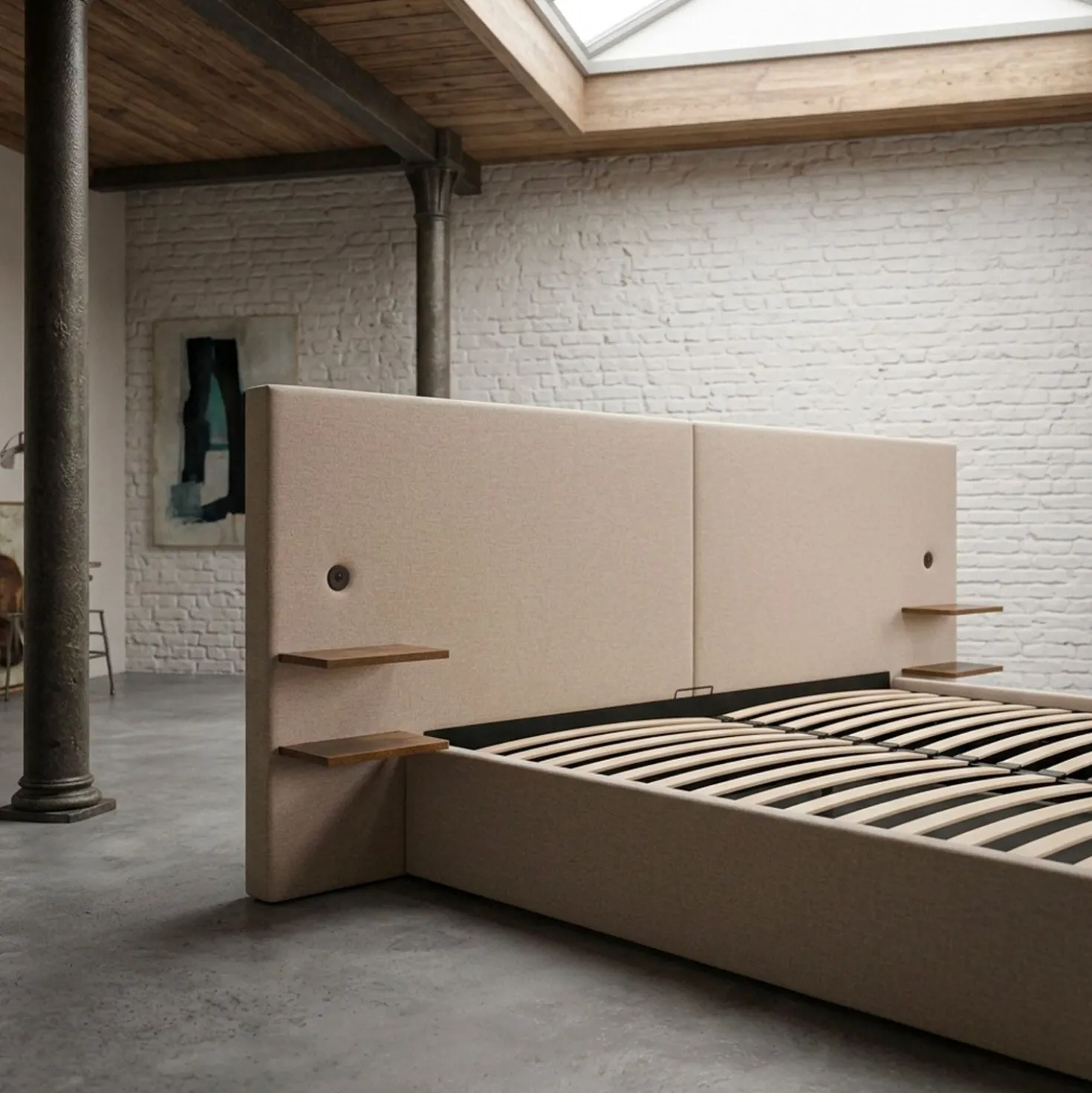 Lit-coffre complet avec tablettes et ports USB intégrés Lukas 180x200cm Tissu Taupe clair